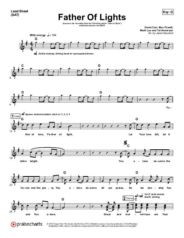 Father Of Lights Lead Sheet (SAT) (Third Day)
