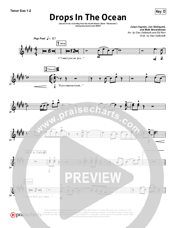 Drops In The Ocean Tenor Sax 1/2 (Hawk Nelson)