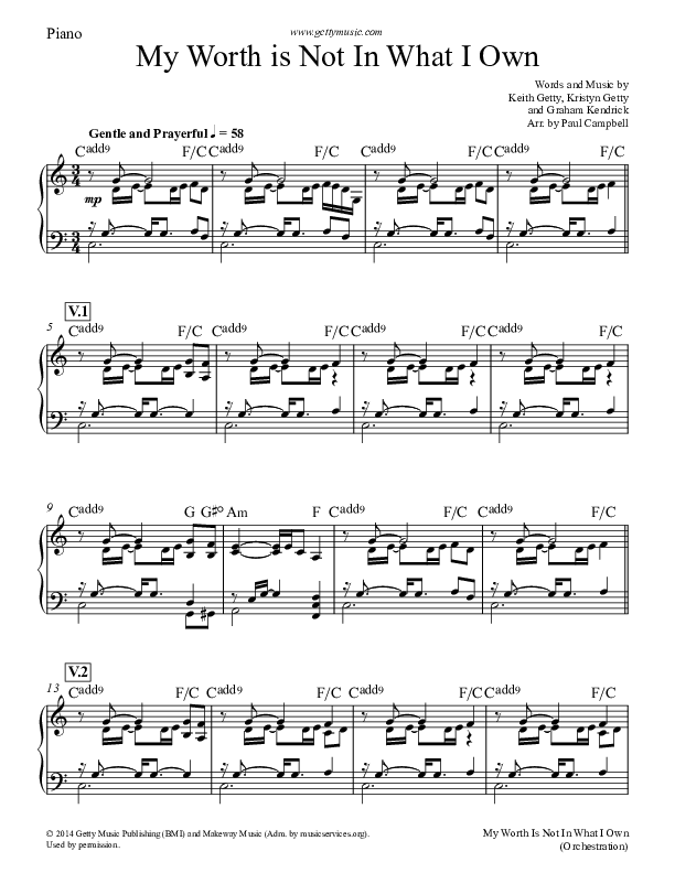 My Worth Is Not In What I Own Piano Sheet (Keith & Kristyn Getty)