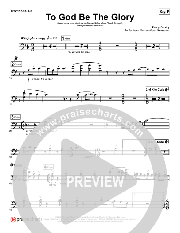 To God Be The Glory Trombone 1/2 (Tommy Walker)