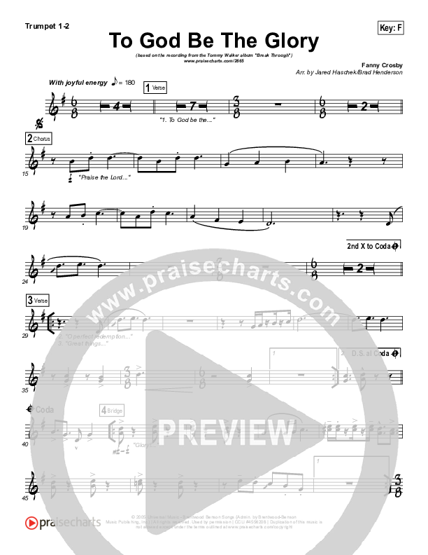 To God Be The Glory Trumpet 1,2 (Tommy Walker)
