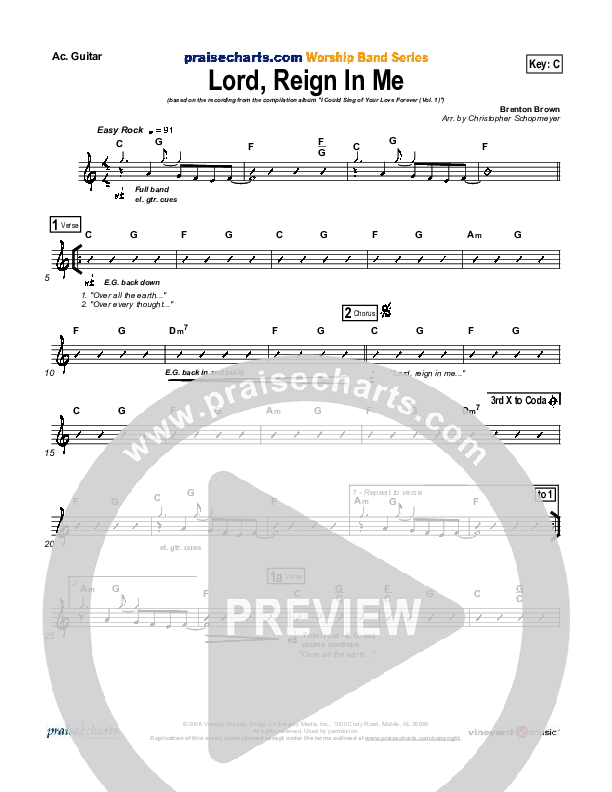 Lord Reign In Me Rhythm Chart (Brenton Brown)