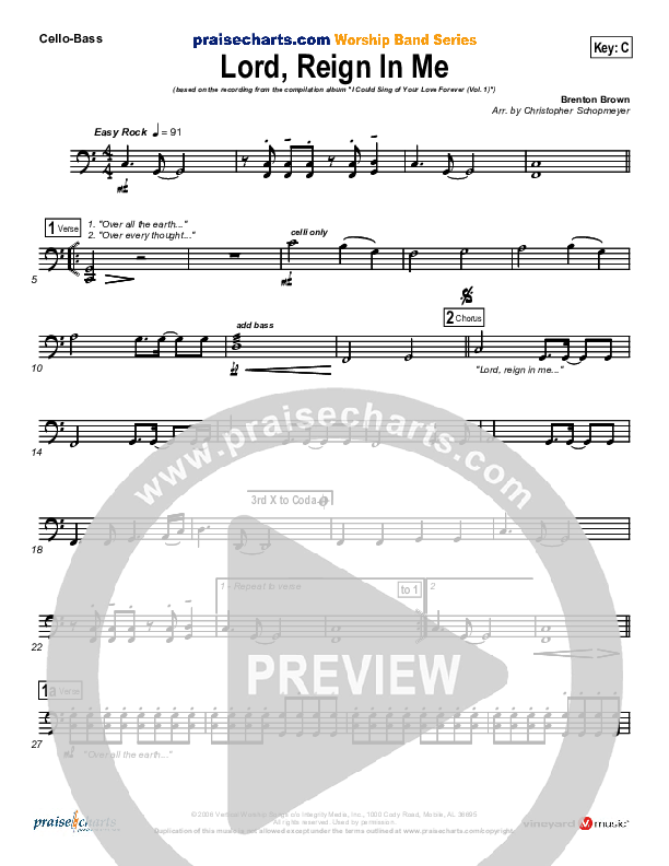 Lord Reign In Me Cello/Bass (Brenton Brown)
