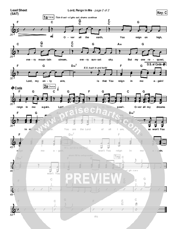 Lord Reign In Me Lead Sheet (Brenton Brown)