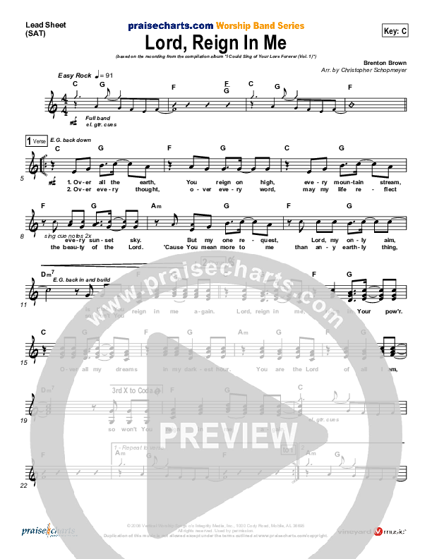 Lord Reign In Me Lead Sheet (SAT) (Brenton Brown)