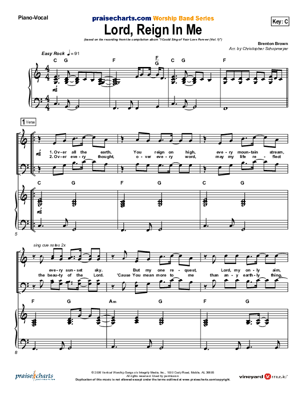 Lord Reign In Me Piano/Vocal Pack (Brenton Brown)