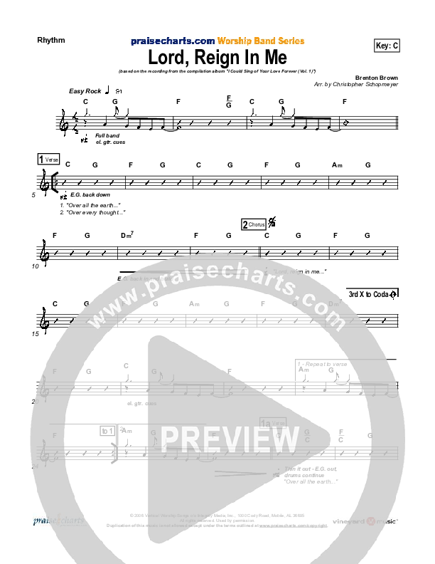 Lord Reign In Me Rhythm Chart (Brenton Brown)