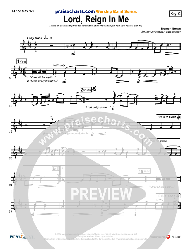 Lord Reign In Me Tenor Sax 1/2 (Brenton Brown)