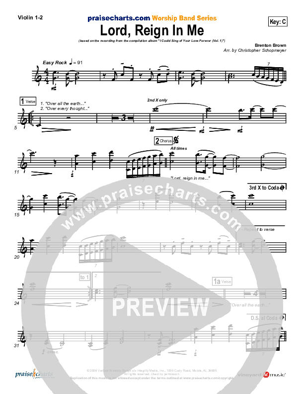 Lord Reign In Me Violin 1/2 (Brenton Brown)