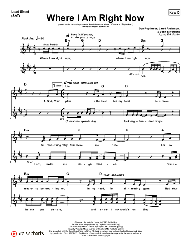 Where I Am Right Now Lead Sheet (SAT) (Jared Anderson)