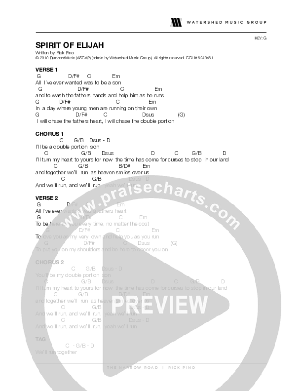 Spirit Of Elijah Chords & Lyrics (Rick Pino)