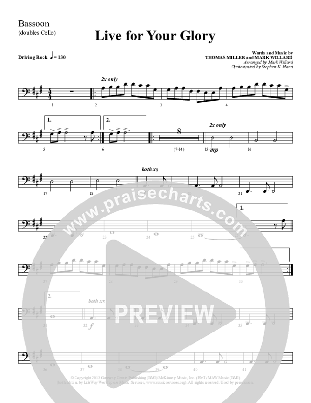 Live For Your Glory Bassoon 1/2 (Sherwood Worship)