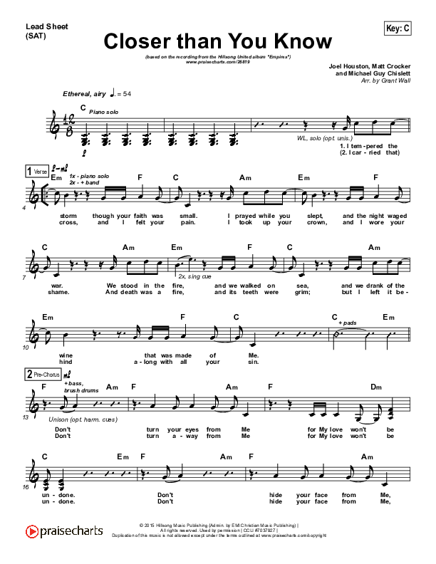 Closer Than You Know Lead Sheet (SAT) (Hillsong UNITED)