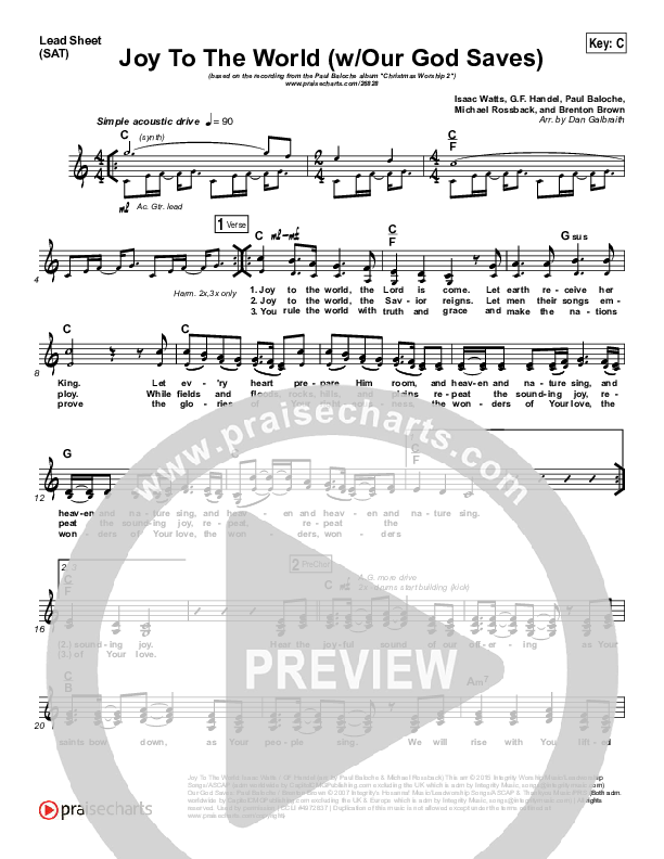Joy To The World (Our God Saves) Lead Sheet (SAT) (Paul Baloche)