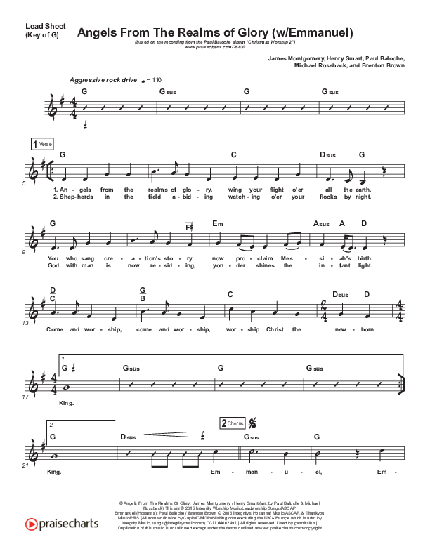 Angels From The Realms Of Glory (Emmanuel) Lead Sheet (Melody) (Paul Baloche)