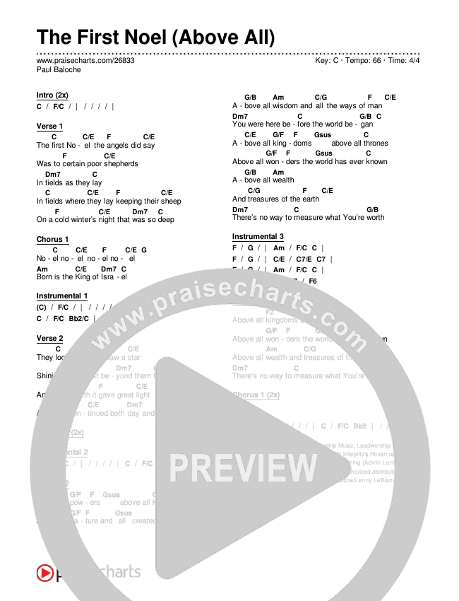 The First Noel Above All Chords Paul Baloche Praisecharts