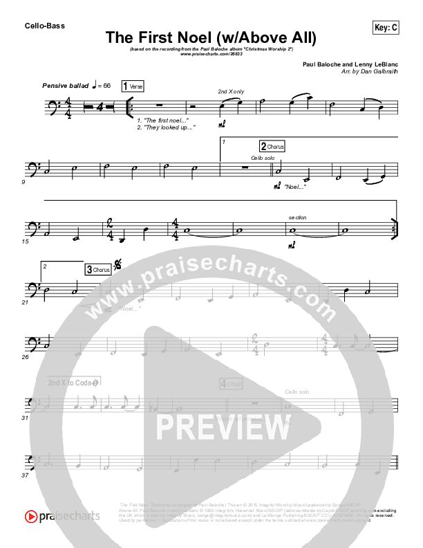The First Noel (Above All) Cello/Bass (Paul Baloche)