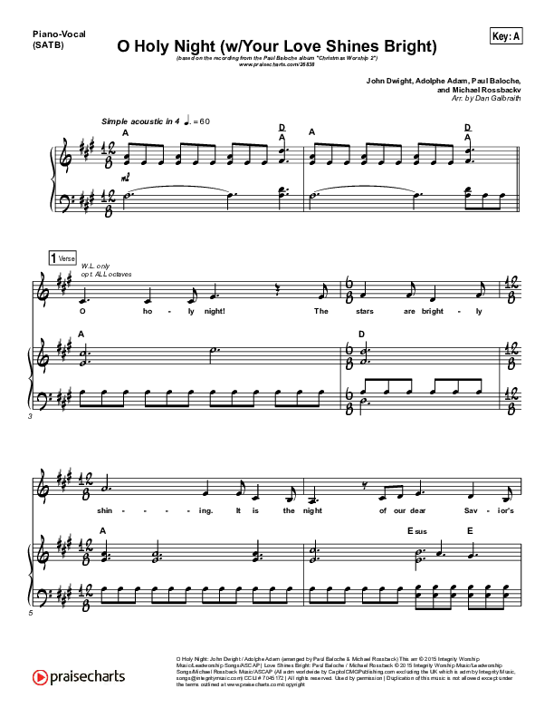 O Holy Night (Love Shines Bright) Piano/Vocal (SATB) (Paul Baloche)