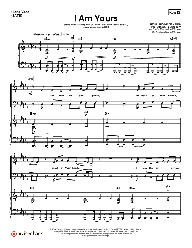 I Am Yours Piano/Vocal Pack (Lauren Daigle)