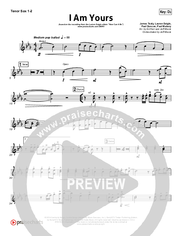 I Am Yours Tenor Sax 1/2 (Lauren Daigle)