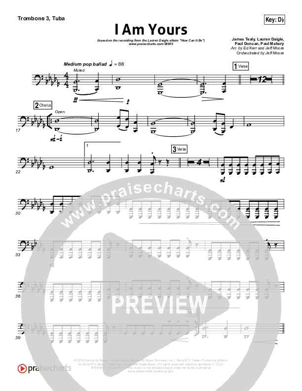 I Am Yours Trombone 3/Tuba (Lauren Daigle)