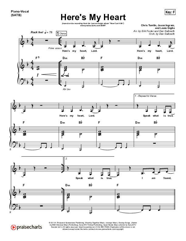 Here's My Heart Piano/Vocal Pack (Lauren Daigle)