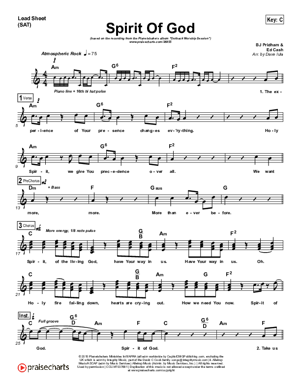 Spirit Of God Lead Sheet (Planetshakers)