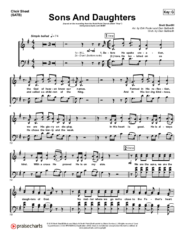 Sons And Daughters Choir Sheet (SATB) (Brett Stanfill / North Point Worship)