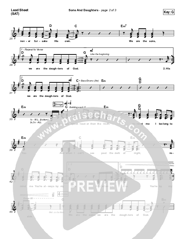 Sons And Daughters Lead Sheet (SAT) (Brett Stanfill / North Point Worship)