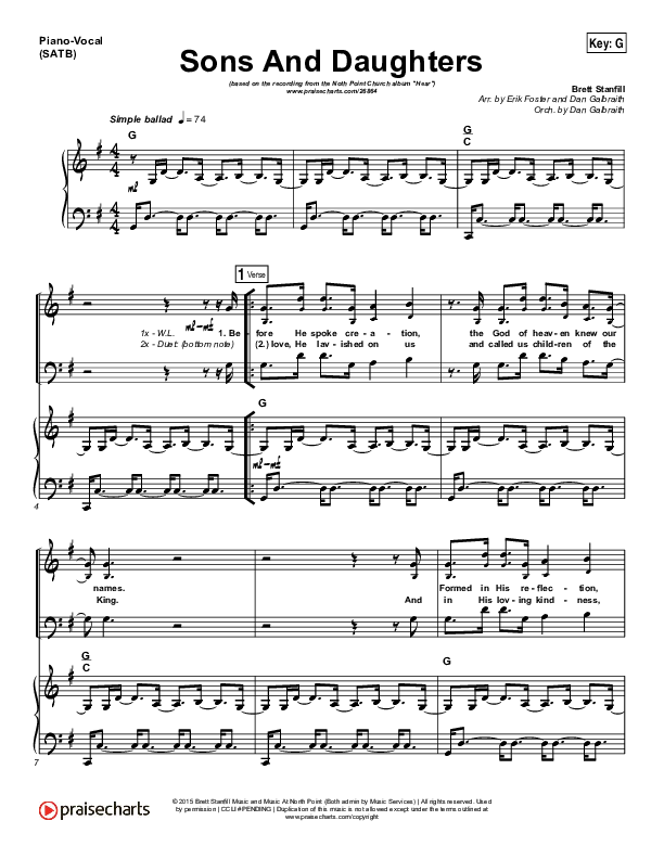Sons And Daughters Piano/Vocal (SATB) (Brett Stanfill / North Point Worship)