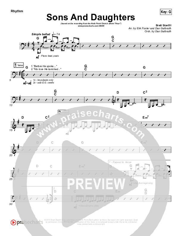 Sons And Daughters Rhythm Chart (Brett Stanfill / North Point Worship)
