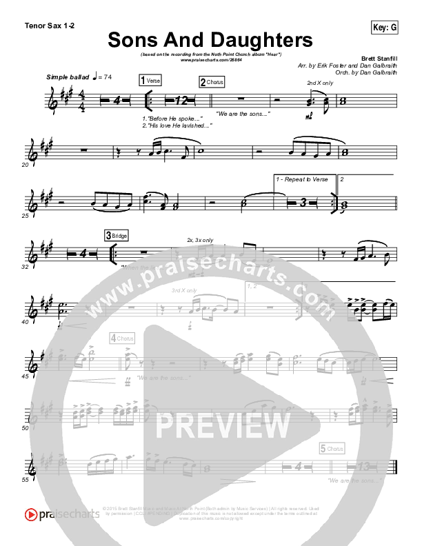 Sons And Daughters Tenor Sax 1/2 (Brett Stanfill / North Point Worship)