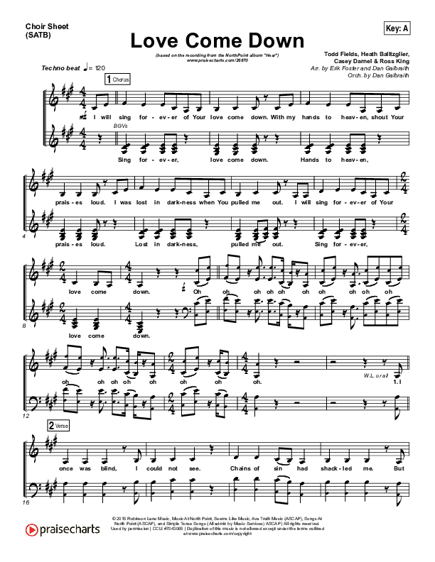 Love Come Down Choir Sheet (SATB) (Heath Balltzglier / North Point Worship)