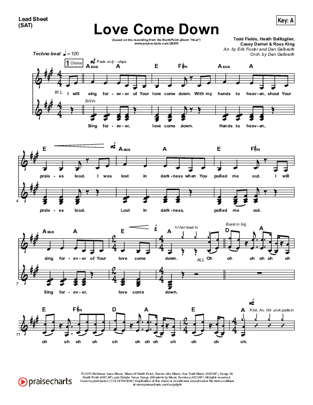 Love Come Down Lead Sheet (SAT) (Heath Balltzglier / North Point Worship)
