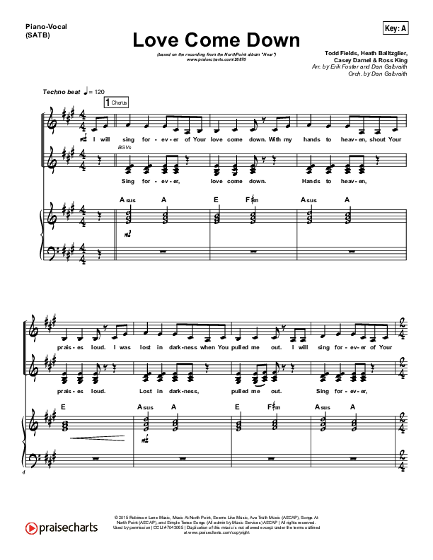 Love Come Down Piano/Vocal (SATB) (Heath Balltzglier / North Point Worship)