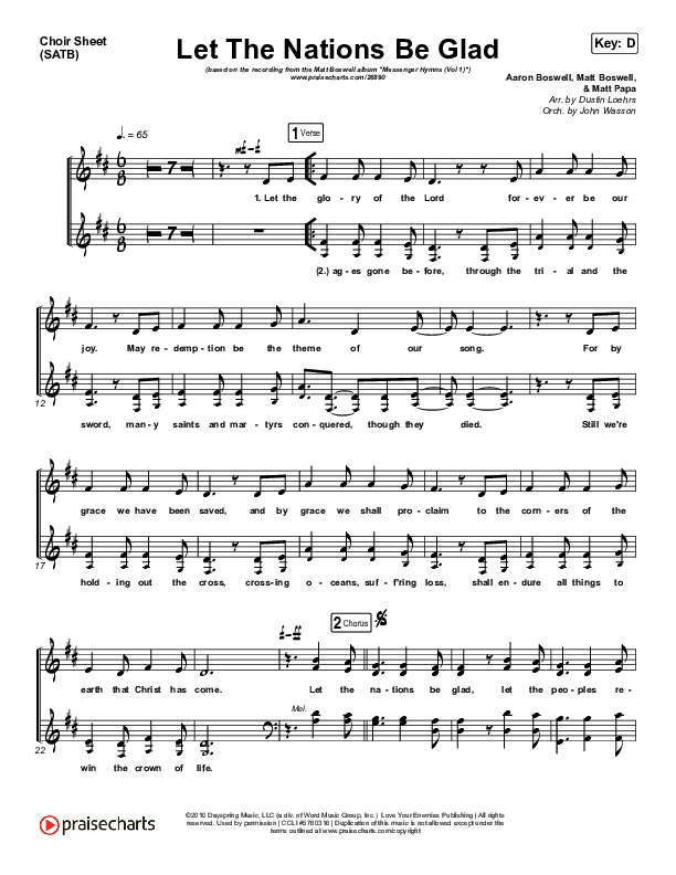 Let The Nations Be Glad Choir Sheet (SATB) (Matt Boswell)