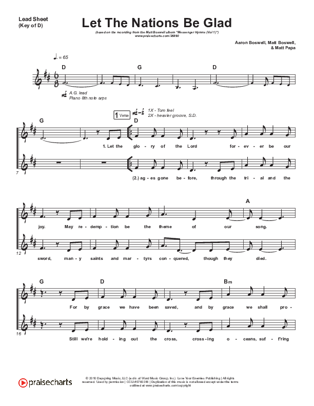 Let The Nations Be Glad Lead Sheet (Melody) (Matt Boswell)