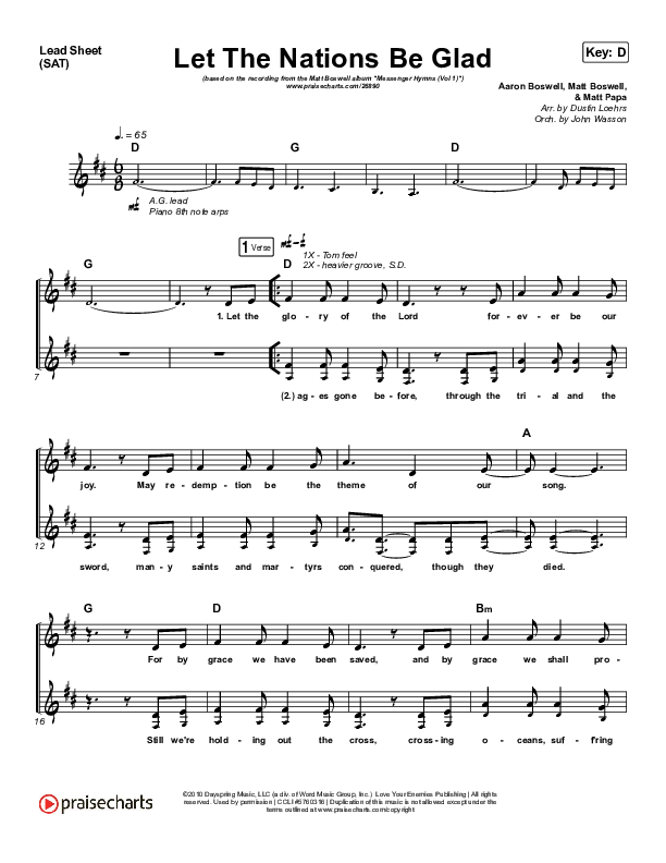 Let The Nations Be Glad Lead Sheet (SAT) (Matt Boswell)