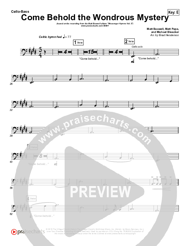 Come Behold The Wondrous Mystery Cello/Bass (Matt Boswell)