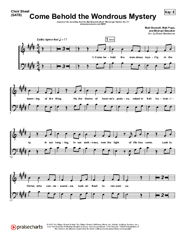 Come Behold The Wondrous Mystery Choir Sheet (SATB) (Matt Boswell)
