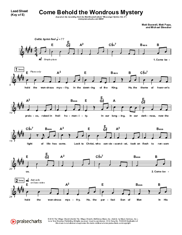Come Behold The Wondrous Mystery Lead Sheet (Melody) (Matt Boswell)