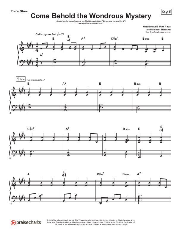 Come Behold The Wondrous Mystery Piano Sheet (Matt Boswell)