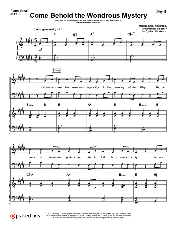 Come Behold The Wondrous Mystery Piano/Vocal (SATB) (Matt Boswell)