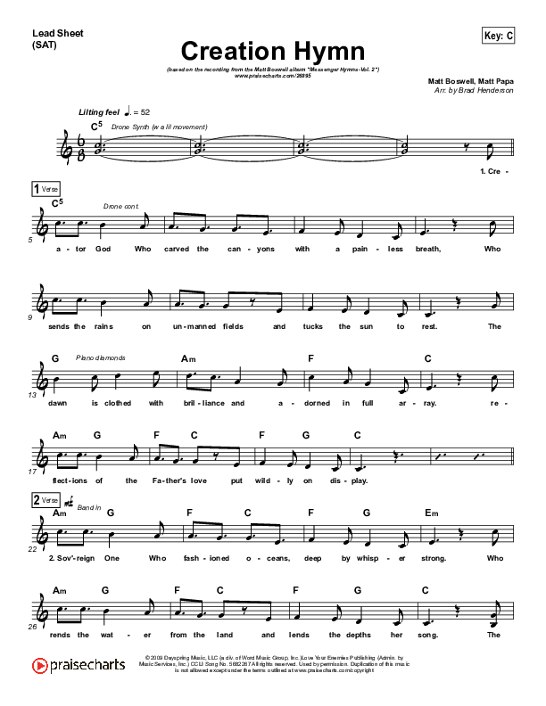 Creation Hymn Lead Sheet (SAT) (Matt Boswell)