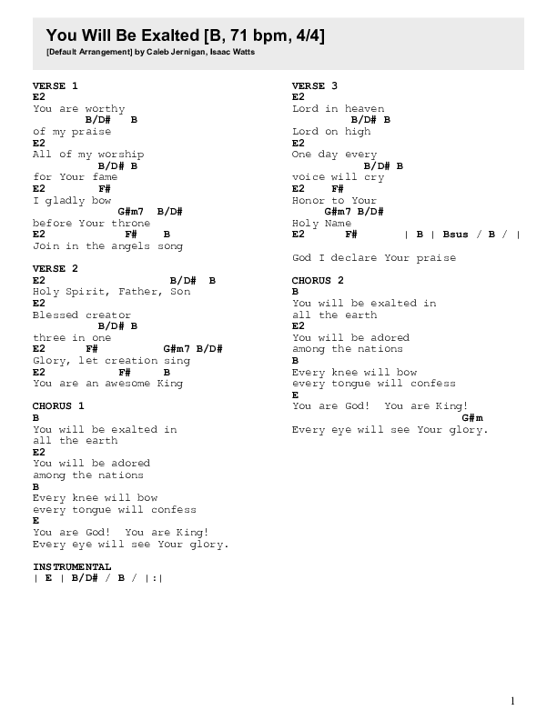 You Will Be Exalted Chords & Lyrics (Caleb Jernigan)