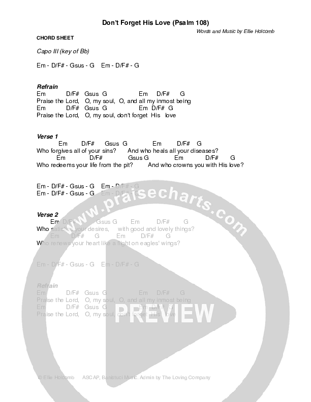 Don't Forget His Love (Psalm 103) Chord Chart (Ellie Holcomb)