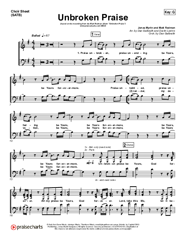 Unbroken Praise Choir Sheet (SATB) (Matt Redman)