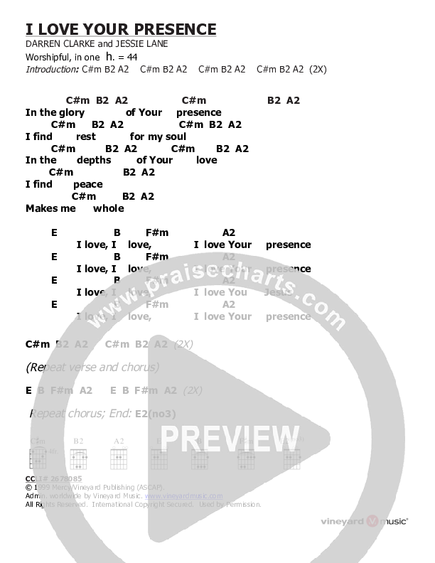 I Love Your Presence Chord Chart (Vineyard Music)