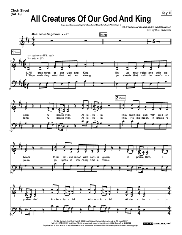 All Creatures Of Our God And King Choir Sheet (SATB) (David Crowder)