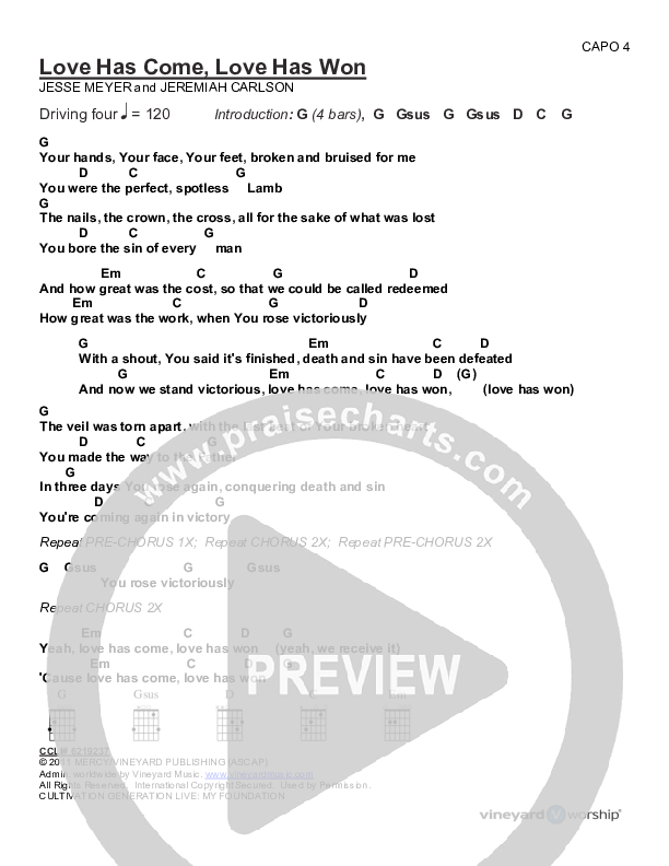 Love Has Come Love Has Won Chords & Lyrics (Cultivation Generation)